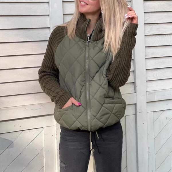 Stand Collar Cotton Jacket With Pockets Fashion Knitted Stitching Zipper Coat Winter Warm Tops For Women - Image 8