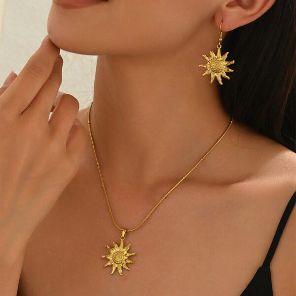 Lxalry 18K Gold Plated Sun Mirror Jewelry Set  Hypoallergenic Skin Safe Necklace   Drop Earrings For Daily Evening  Never Fade Adjustable Luxury Gift With Precision Cast Rays - Image 2