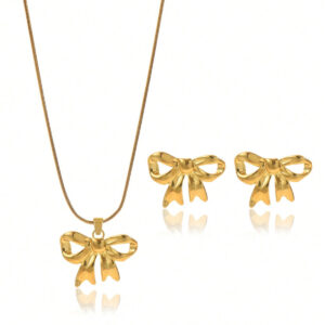 Lxalry 18K Gold Plated Bow Mirror Jewelry Set  Hypoallergenic Skin Safe Necklace   Earrings For Weddings Gifting, Never Fade Adjustable Luxury With Precision-Cast Ribbon