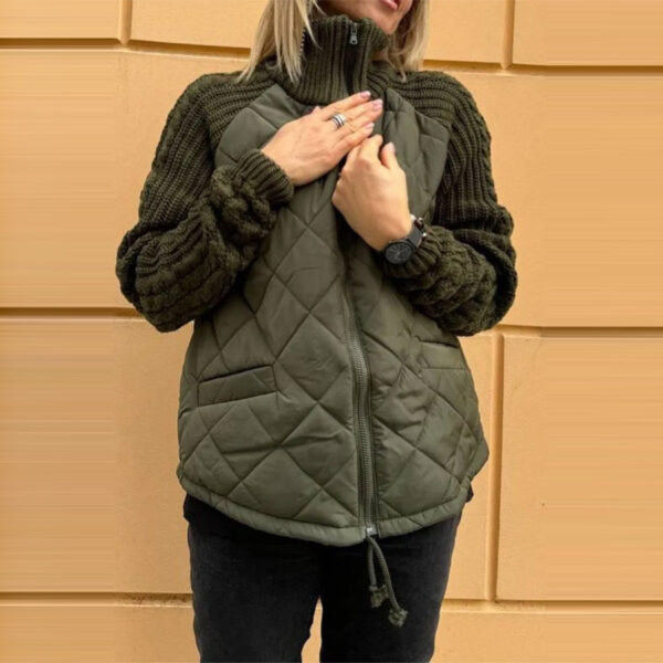 Stand Collar Cotton Jacket With Pockets Fashion Knitted Stitching Zipper Coat Winter Warm Tops For Women - Image 4