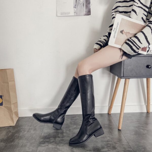 Side Zipper Chunky Heel Women's Leather Boots - Image 4