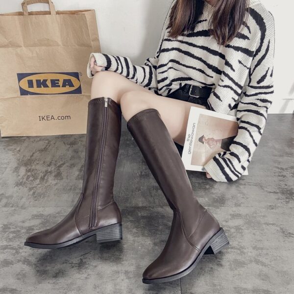 Side Zipper Chunky Heel Women's Leather Boots - Image 2