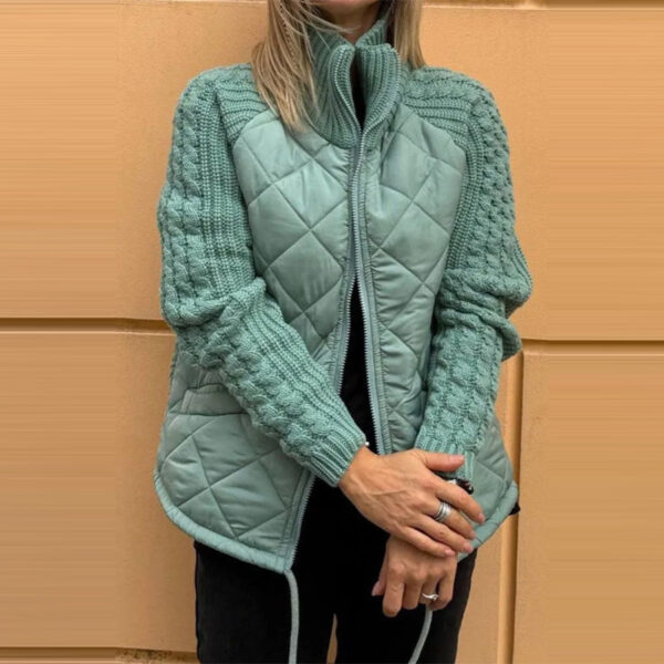 Stand Collar Cotton Jacket With Pockets Fashion Knitted Stitching Zipper Coat Winter Warm Tops For Women - Image 10