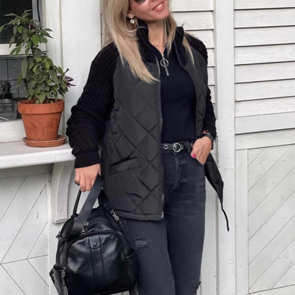 Stand Collar Cotton Jacket With Pockets Fashion Knitted Stitching Zipper Coat Winter Warm Tops For Women - Image 3