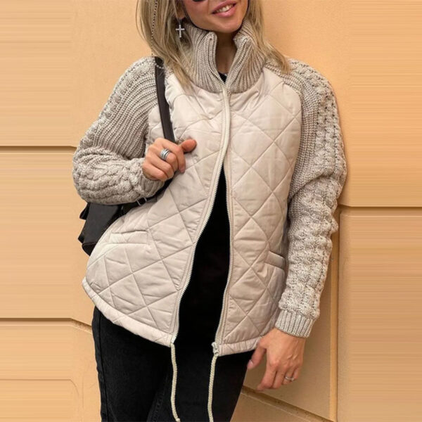 Stand Collar Cotton Jacket With Pockets Fashion Knitted Stitching Zipper Coat Winter Warm Tops For Women - Image 6