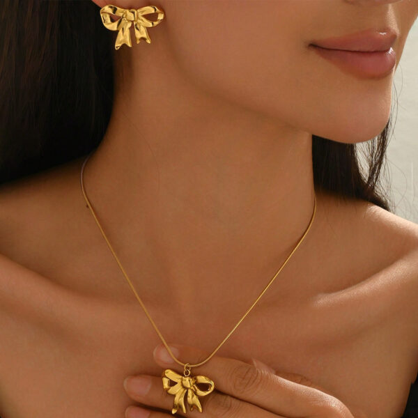 Lxalry 18K Gold Plated Bow Mirror Jewelry Set  Hypoallergenic Skin Safe Necklace   Earrings For Weddings Gifting, Never Fade Adjustable Luxury With Precision-Cast Ribbon - Image 3