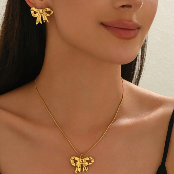 Lxalry 18K Gold Plated Bow Mirror Jewelry Set  Hypoallergenic Skin Safe Necklace   Earrings For Weddings Gifting, Never Fade Adjustable Luxury With Precision-Cast Ribbon - Image 6