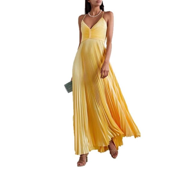 Women's Sling Pleated V-neck Sexy Lace-up Solid Color Dress - Image 2