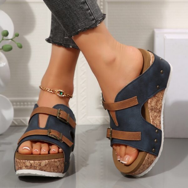 Ins Buckle Wedges Sandals Summer Fish Mouth Thick High Heel Slides Slippers Outdoor Fashion Beach Roman Shoes For Women - Image 2
