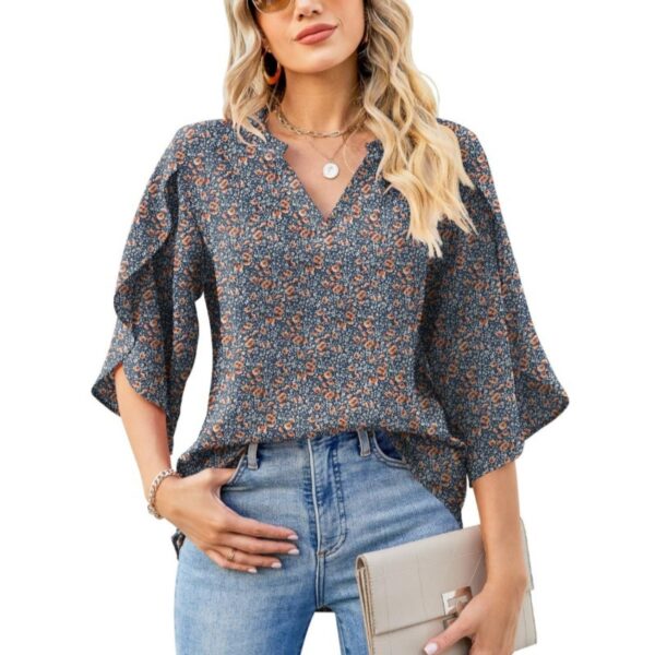 Summer And Autumn New Women's Top Loose V-neck Petal Sleeve Chiffon Printed Women's Shirt - Image 2