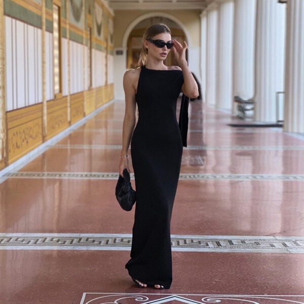 One-shoulder Ribbon Long Dress Ins Fashion Slim Sleeveless Dresses For Evening Party Club Clothing Women - Image 4