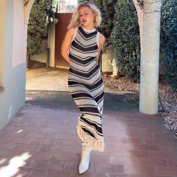 Sexy Tight Striped Tassel Knitted Dress - Image 4