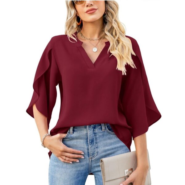Summer New Women's Fashion Petal Sleeve Top Loose V-neck Chiffon Shirt - Image 2