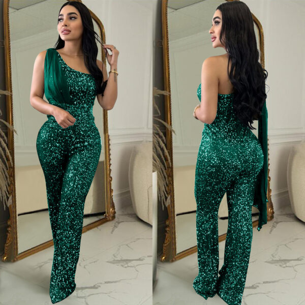 Women's Solid Color Sleeveless One-shoulder Sequined Trousers Jumpsuit - Image 6