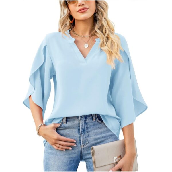 Summer New Women's Fashion Petal Sleeve Top Loose V-neck Chiffon Shirt - Image 6