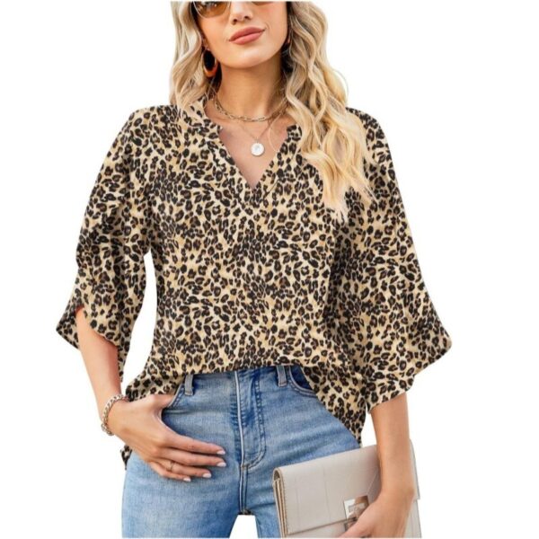 Summer And Autumn New Women's Top Loose V-neck Petal Sleeve Chiffon Printed Women's Shirt - Image 4