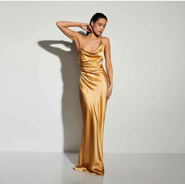 Women's Slim-fit Satin Pleated Suspender Long Dress - Image 5