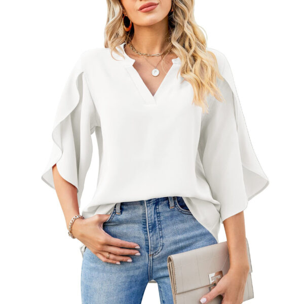 Summer New Women's Fashion Petal Sleeve Top Loose V-neck Chiffon Shirt - Image 8