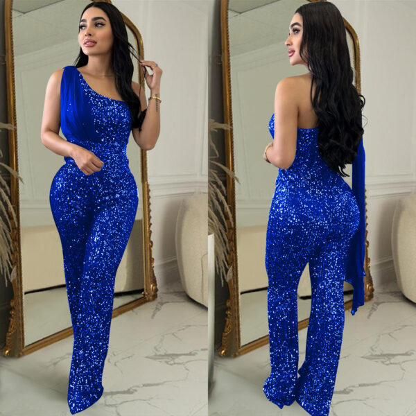 Women's Solid Color Sleeveless One-shoulder Sequined Trousers Jumpsuit - Image 8