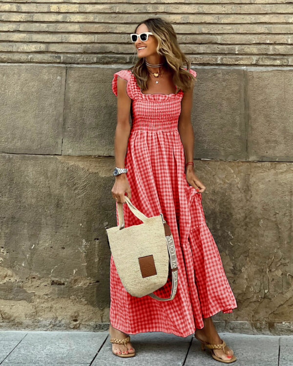 Summer Plaid Print Pleated Ruffle Dress INS Fashion Sleeveless A-line Swing Beach Dress Women's Clothing - Image 9