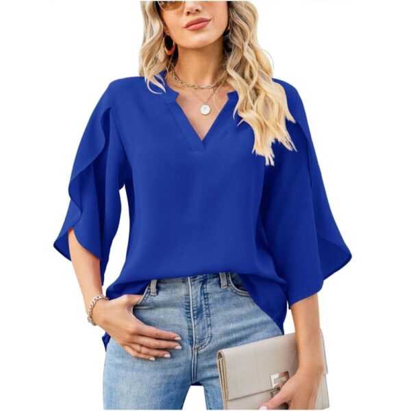 Summer New Women's Fashion Petal Sleeve Top Loose V-neck Chiffon Shirt - Image 3