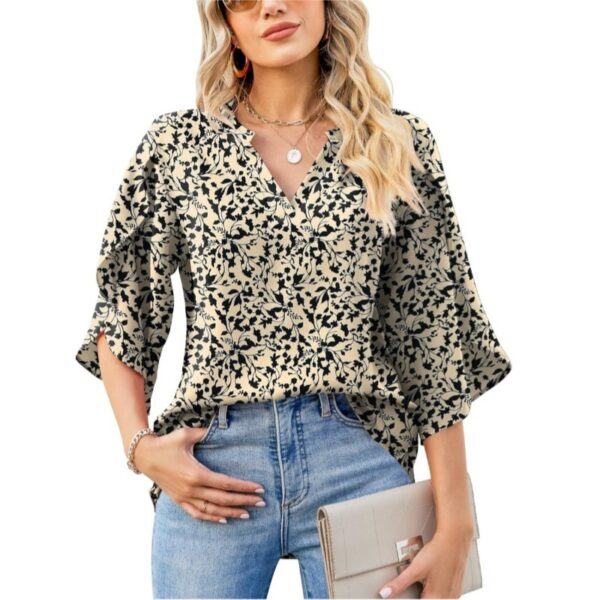 Summer And Autumn New Women's Top Loose V-neck Petal Sleeve Chiffon Printed Women's Shirt - Image 6
