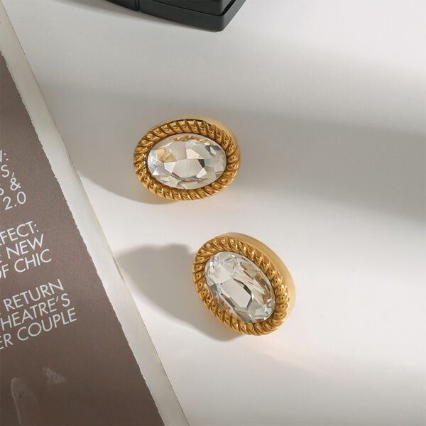 Design 18K Gold Stainless Steel Oval Glass Stone Earrings - Image 2