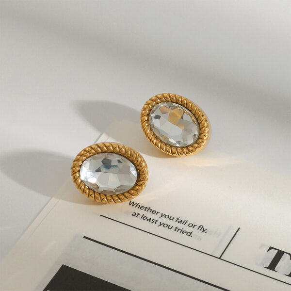 Design 18K Gold Stainless Steel Oval Glass Stone Earrings - Image 4