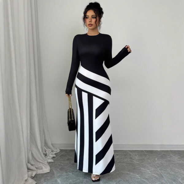 Women's Sexy Asymmetric Neckline Irregular Stripes Dress - Image 4