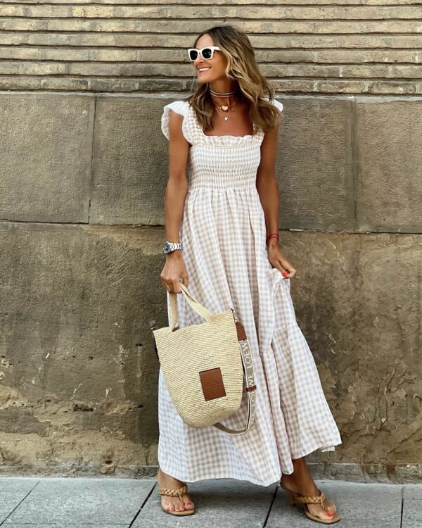 Summer Plaid Print Pleated Ruffle Dress INS Fashion Sleeveless A-line Swing Beach Dress Women's Clothing - Image 3