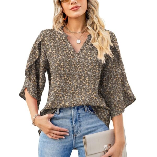 Summer And Autumn New Women's Top Loose V-neck Petal Sleeve Chiffon Printed Women's Shirt - Image 7