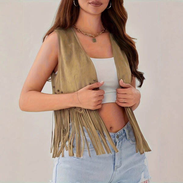 Women's Sleeveless Suede Fringed Jacket Cardigan - Image 6