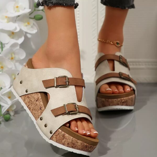 Ins Buckle Wedges Sandals Summer Fish Mouth Thick High Heel Slides Slippers Outdoor Fashion Beach Roman Shoes For Women - Image 6