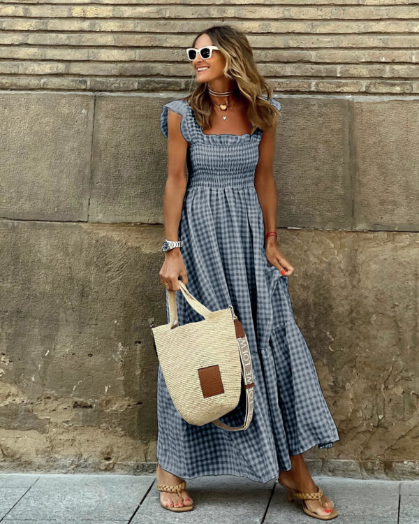 Summer Plaid Print Pleated Ruffle Dress INS Fashion Sleeveless A-line Swing Beach Dress Women's Clothing - Image 7