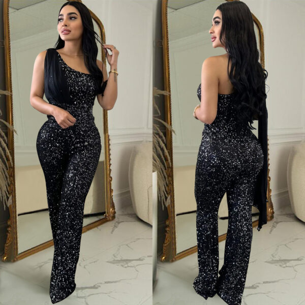 Women's Solid Color Sleeveless One-shoulder Sequined Trousers Jumpsuit - Image 7