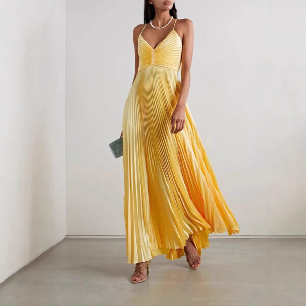 Women's Sling Pleated V-neck Sexy Lace-up Solid Color Dress - Image 4