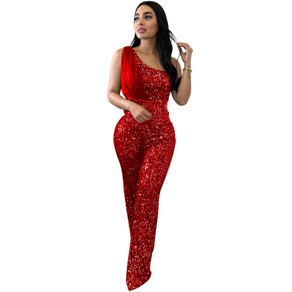 Women's Solid Color Sleeveless One-shoulder Sequined Trousers Jumpsuit - Image 2