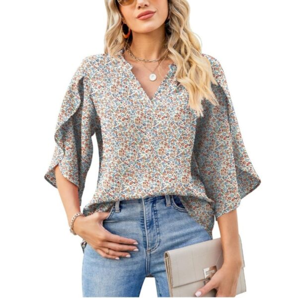 Summer And Autumn New Women's Top Loose V-neck Petal Sleeve Chiffon Printed Women's Shirt - Image 5