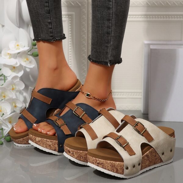 Ins Buckle Wedges Sandals Summer Fish Mouth Thick High Heel Slides Slippers Outdoor Fashion Beach Roman Shoes For Women - Image 3