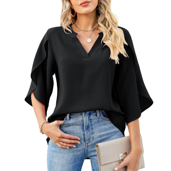 Summer New Women's Fashion Petal Sleeve Top Loose V-neck Chiffon Shirt - Image 9