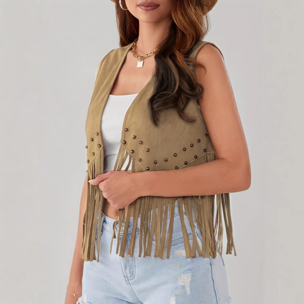 Women's Sleeveless Suede Fringed Jacket Cardigan - Image 3