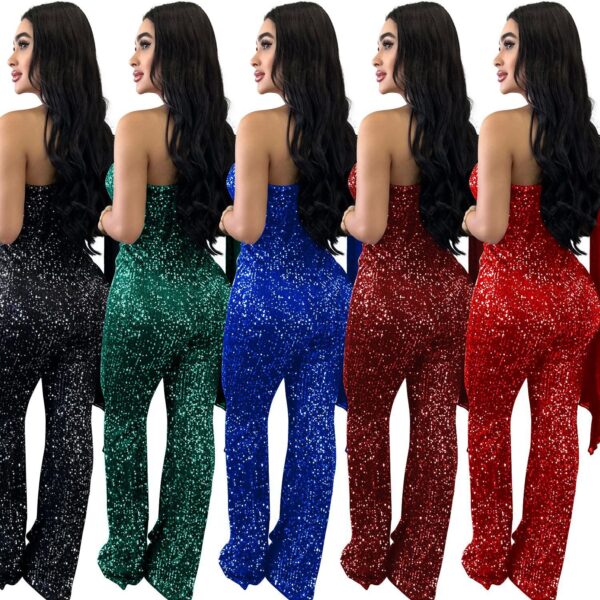 Women's Solid Color Sleeveless One-shoulder Sequined Trousers Jumpsuit - Image 4