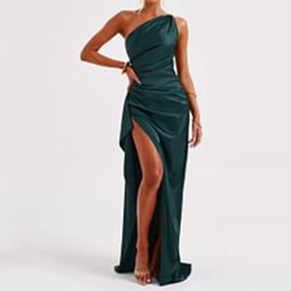 Sexy One-shoulder Backless Slit Dress Summer Elegant Slim-fit Solid Color Satin Dresses For Women - Image 4