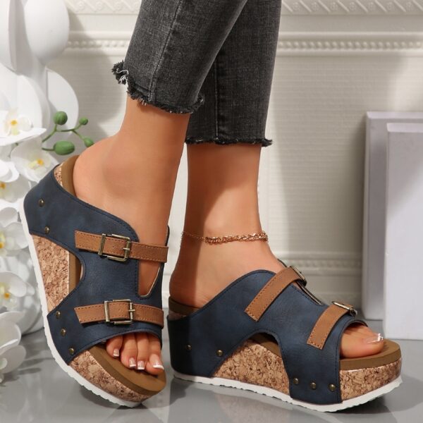 Ins Buckle Wedges Sandals Summer Fish Mouth Thick High Heel Slides Slippers Outdoor Fashion Beach Roman Shoes For Women - Image 5
