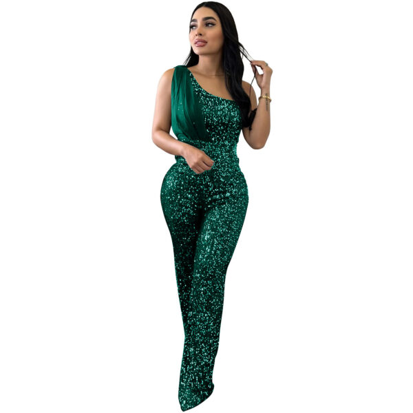 Women's Solid Color Sleeveless One-shoulder Sequined Trousers Jumpsuit - Image 3