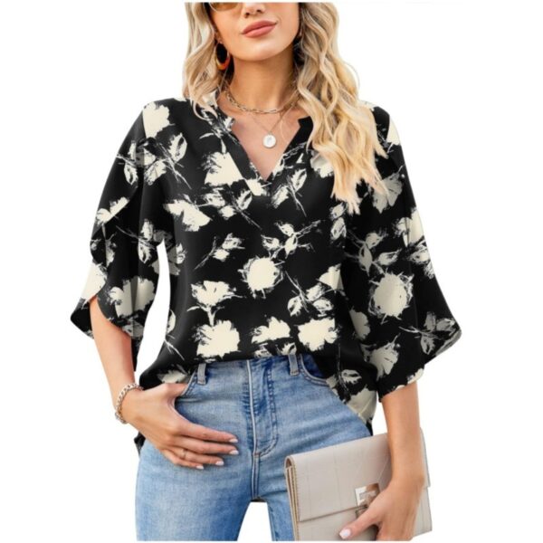 Summer And Autumn New Women's Top Loose V-neck Petal Sleeve Chiffon Printed Women's Shirt - Image 3