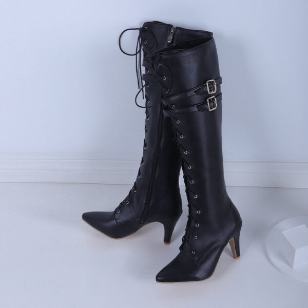 Autumn And Winter New Belt Buckle Stiletto Heel Front Lace-up High Leg Boot - Image 5