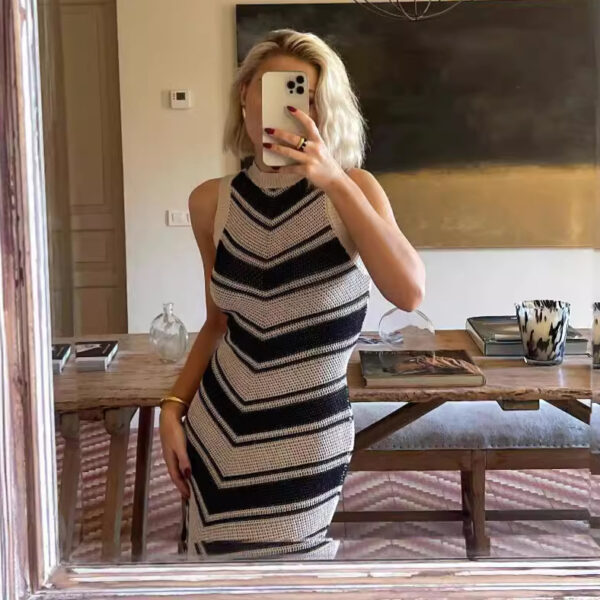 Sexy Tight Striped Tassel Knitted Dress - Image 6