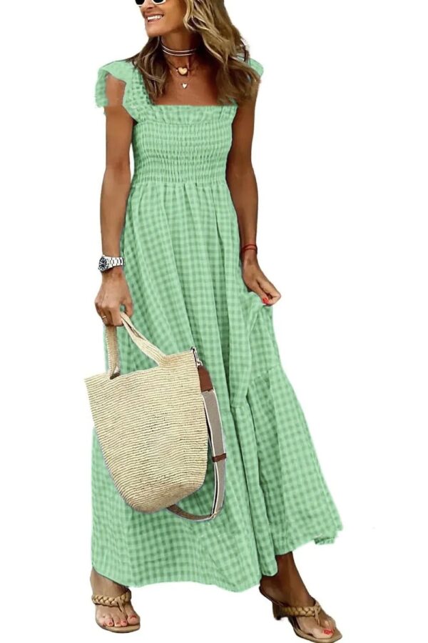 Summer Plaid Print Pleated Ruffle Dress INS Fashion Sleeveless A-line Swing Beach Dress Women's Clothing - Image 6