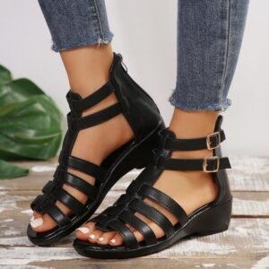 Women's Hollow-out Open Toe Zip Wedge Sandals